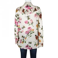 Gucci Beige Floral Print Silk Ruffle Detail Long Sleeve Blouse L