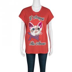 Pre Owned Gucci L'aveugle Par Amour Red Embroidered Cat Motif T-Shirt L