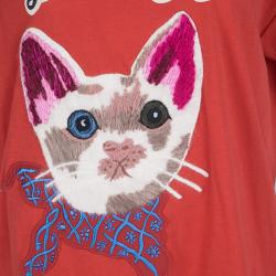 Pre Owned Gucci L'aveugle Par Amour Red Embroidered Cat Motif T-Shirt L