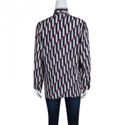 Pre Owned Gucci Printed Silk Neck Tie Detail Long Sleeve Blouse M