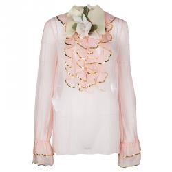 Gucci Pink Silk Sequined Trim Ruffle Detail Long Sleeve Blouse M