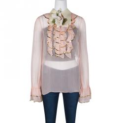 Gucci Pink Silk Sequined Trim Ruffle Detail Long Sleeve Blouse M