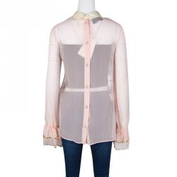 Gucci Pink Silk Sequined Trim Ruffle Detail Long Sleeve Blouse M