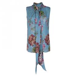 Gucci Blue Floral Printed Silk Tie Detail Sleeveless Top M