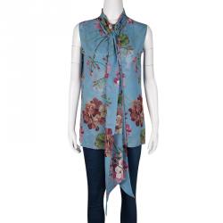 Gucci Blue Floral Printed Silk Tie Detail Sleeveless Top M