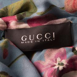 Gucci Blue Floral Printed Silk Tie Detail Sleeveless Top M
