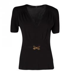 Pre Owned Gucci Black Knit Metal Logo Detail Short Sleeve Top L