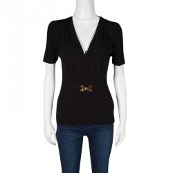 Pre Owned Gucci Black Knit Metal Logo Detail Short Sleeve Top L