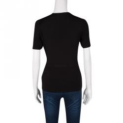 Pre Owned Gucci Black Knit Metal Logo Detail Short Sleeve Top L