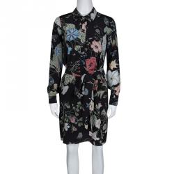 Pre Owned Kris Knight For Gucci Black Floral Printed Silk Belted Dress S