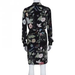 Pre Owned Kris Knight For Gucci Black Floral Printed Silk Belted Dress S