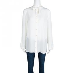 Gucci Off White Silk Pearl Logo Button Front Bow Tie Detail Blouse M