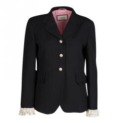 Gucci Black Silk Wool Ruffled Cuff Detail Blazer M