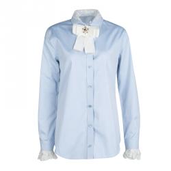 Gucci Blue Cotton Contrast Lace Trim Embellished Bow Detail Oxford Shirt M