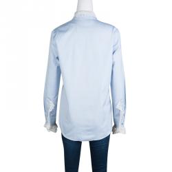 Gucci Blue Cotton Contrast Lace Trim Embellished Bow Detail Oxford Shirt M