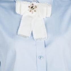 Gucci Blue Cotton Contrast Lace Trim Embellished Bow Detail Oxford Shirt M