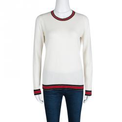 Pre Owned Gucci Cream Wool Lurex Web Trim Long Sleeve Crew Neck Sweater L