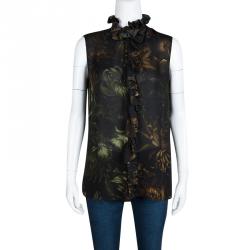 مملوكة مسبقًا بلوزة غوتشي حرير بلا أكمام تفاصيل مكشكشة طباعة زهور سوداء M