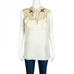 Pre Owned Gucci Cream Silk Floral Embroidered Bow Detail Sleeveless Blouse M
