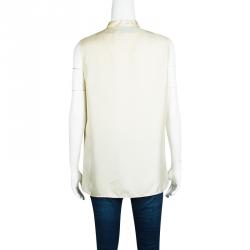 Pre Owned Gucci Cream Silk Floral Embroidered Bow Detail Sleeveless Blouse M