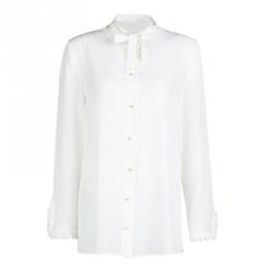 Gucci Off White Silk Pearl Logo Button Front Bow Tie Detail Blouse M
