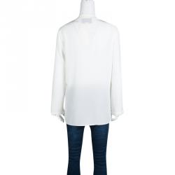 Gucci Off White Silk Pearl Logo Button Front Bow Tie Detail Blouse M