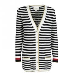 Gucci Monochrome Striped Lurex Trim Detail Cashmere and Wool Cardigan S