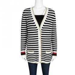 Gucci Monochrome Striped Lurex Trim Detail Cashmere and Wool Cardigan S