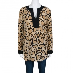 Pre Owned Gucci Beige Animal Printed Silk Contrast Trim Long Sleeve Blouse M