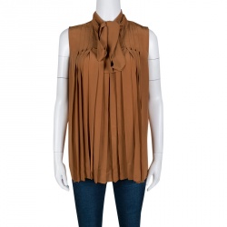 Gucci Tan Brown Pleated Silk Sleeveless Tie Front Top M