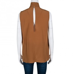 Gucci Tan Brown Pleated Silk Sleeveless Tie Front Top M