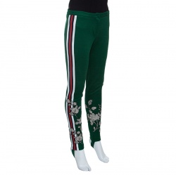 Gucci Green Side Stripe Detail Floral Embroidered Kelly Stirrup Track Pants S