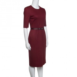 مملوكة مسبقًا Gucci Red Wool Horsebit Buckle Detail Belted Short Sleeve Dress S