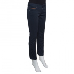 Pre Owned Gucci Blue Stretch Cotton Logo Embroidered Pocket Detail Straight Pants S