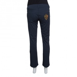Pre Owned Gucci Blue Stretch Cotton Logo Embroidered Pocket Detail Straight Pants S