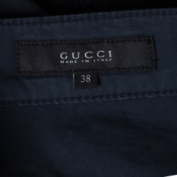 Pre Owned Gucci Blue Stretch Cotton Logo Embroidered Pocket Detail Straight Pants S