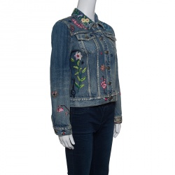 Pre Owned Gucci Blue Faded Effect Embroidered Denim Jacket M