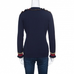 Pre Owned Gucci Navy Blue Wool Ruffled Lurex Trim Buttoned Shoulder Sweater M