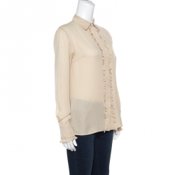 Pre Owned Gucci Beige Silk Ruffle Placket and Cuff Detail Long Sleeve Blouse S