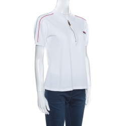 مملوكة مسبقًا Gucci White Cotton Pique Web Stripe Trim Zip Front Polo T Shirt M