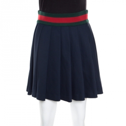 Gucci Navy Blue Knit Web Trim Waist Detail Pleated Skirt XS