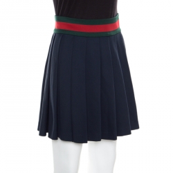 Gucci Navy Blue Knit Web Trim Waist Detail Pleated Skirt XS