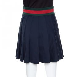 Gucci Navy Blue Knit Web Trim Waist Detail Pleated Skirt XS