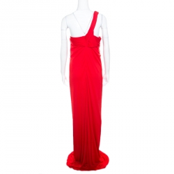 Gucci Red Crepe Knit Dragonfly Brooch Detail Draped One Shoulder Evening Gown L