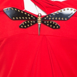 Gucci Red Crepe Knit Dragonfly Brooch Detail Draped One Shoulder Evening Gown L