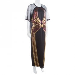 Gucci Black Metallic Silk Jacquard Mesh Sleeve Detail Maxi Dress L