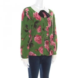 Gucci Green English Rose Printed Silk Crepe de Chine Blouse M