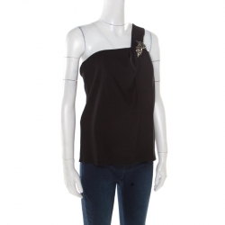 Gucci Black Wool Crepe Embellished Brooch Detail One Shoulder Top S