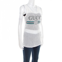 مملوكة مسبقًا Gucci Off White Perforated Cotton Knit Logo Printed Tank Top M