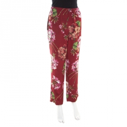 Pre Owned Gucci Maroon Cerise Blooms Printed Silk Crepe de Chine Pajama Pants L